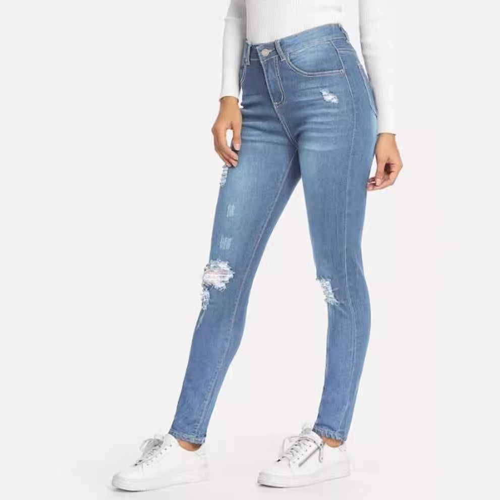 Damjeans Ripped Hög Midja – Skinny Pencil Mörkblå Tvättad Denim S–3XL 2026