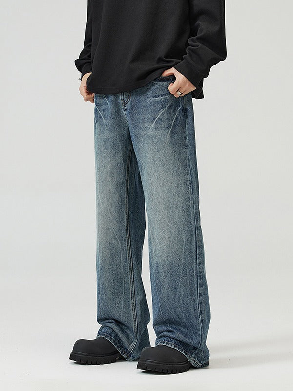 Herrjeans Micro-Flared Straight Leg Streetwear American Vibe Vintageblå Svart för Herr 2026