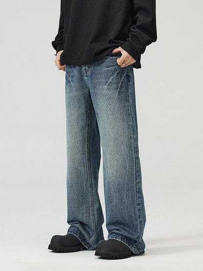 Herrjeans Micro-Flared Straight Leg Streetwear American Vibe Vintageblå Svart för Herr 2026