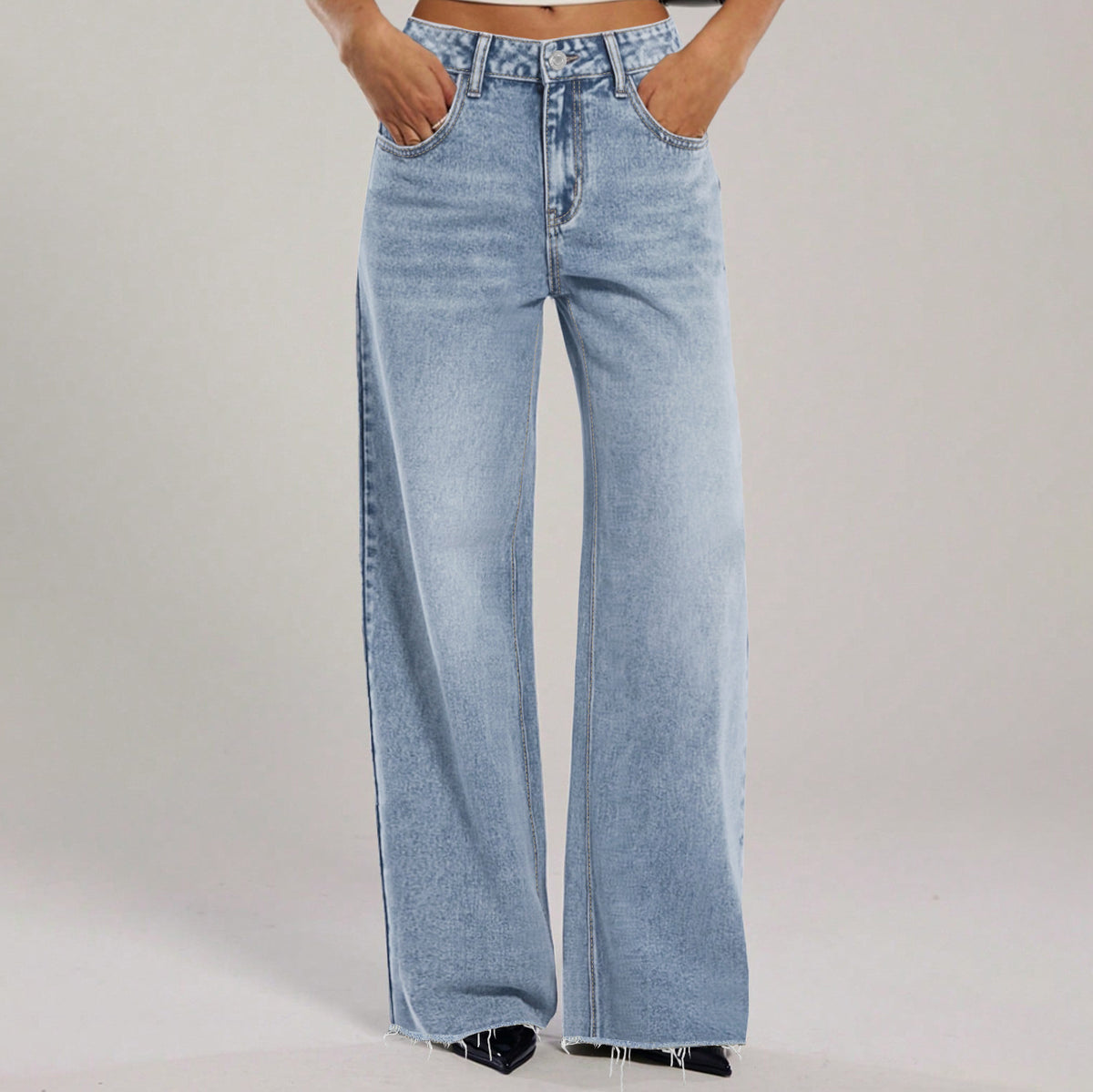 Damjeans Loose Straight Rosett-broderi Fickor Casual Blå för Dam 2026