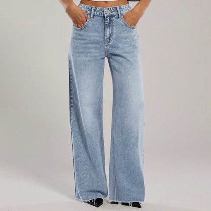Damjeans Loose Straight Rosett-broderi Fickor Casual Blå för Dam 2026