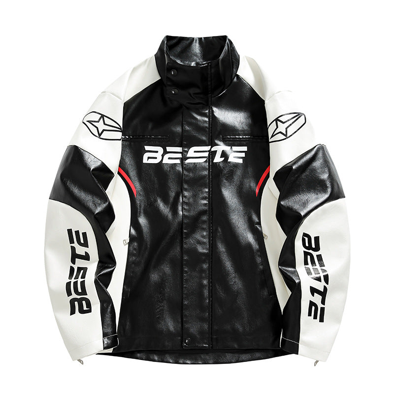 Herrjacka PU-Läder Motorcykel Racing American Style Loose Fit Vit Svart för Herr 2026