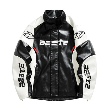 Herrjacka PU-Läder Motorcykel Racing American Style Loose Fit Vit Svart för Herr 2026