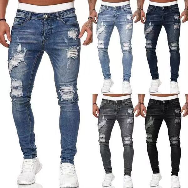 Streetwear Jeans med Hål Herr – Slim Fit Tvättad Denim Skinny 6 Färger S–3XL 2026