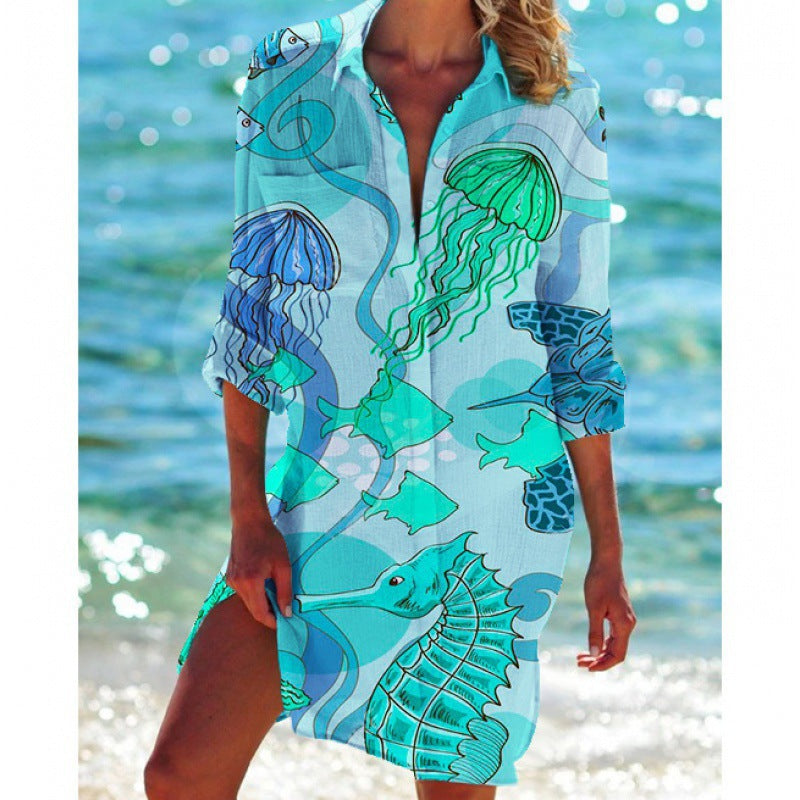 New Foreign Trade Cross-Border Model, Long-Sleeved Swimsuit Shirt, Women's Clothing, Printed Vacation Beachwear