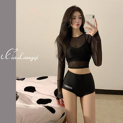 Dam Tre-delat Badset Långärm – Slimmande Bukdöljande Koreansk Fairy-stil Svart S–XL Badkläder Dam 9035 2026