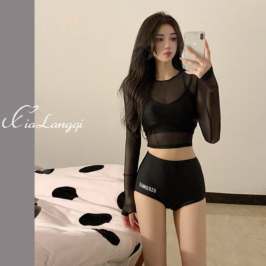 Dam Tre-delat Badset Långärm – Slimmande Bukdöljande Koreansk Fairy-stil Svart S–XL Badkläder Dam 9035 2026