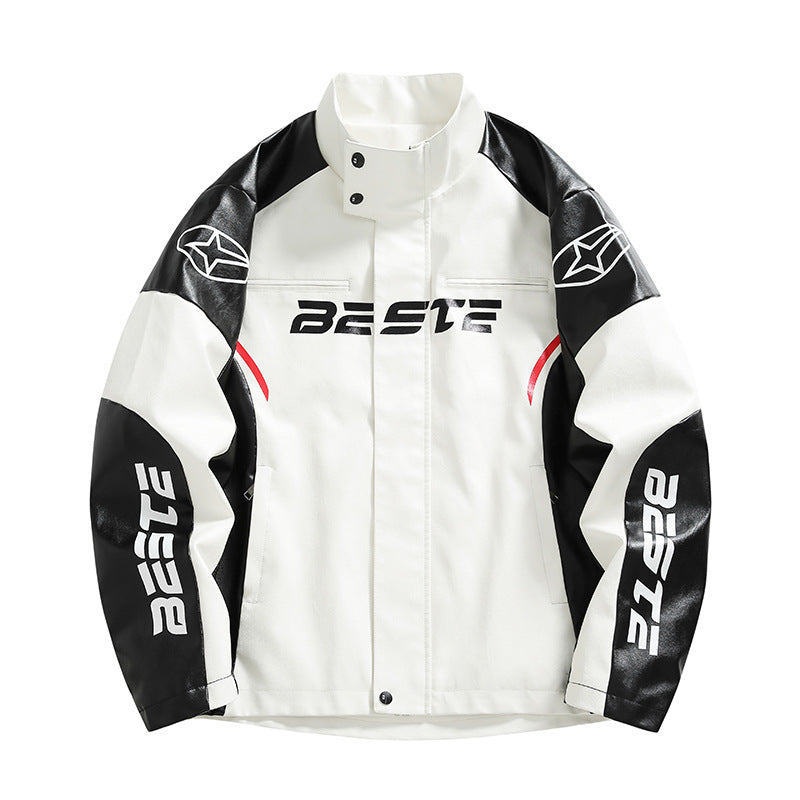 Herrjacka PU-Läder Motorcykel Racing American Style Loose Fit Vit Svart för Herr 2026