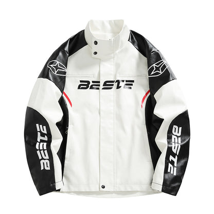 Herrjacka PU-Läder Motorcykel Racing American Style Loose Fit Vit Svart för Herr 2026