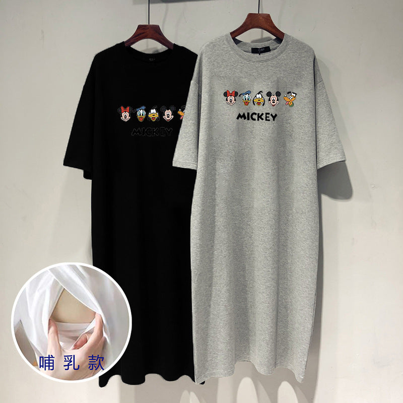 Ammningsklänning Dam – Sidöppning Lång Cartoon Tryck Trekvartsärm Gravid & Amning Vit Grå Svart M–3XL 2026