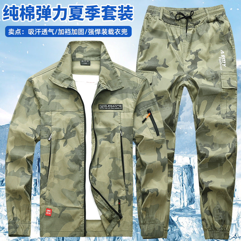 Summer Thin Labor Protection Work Clothes Set Anti-scald Pure Cotton Stretch Construction Site Electric Welding Auto Repair Camouflage Clothes Shirt