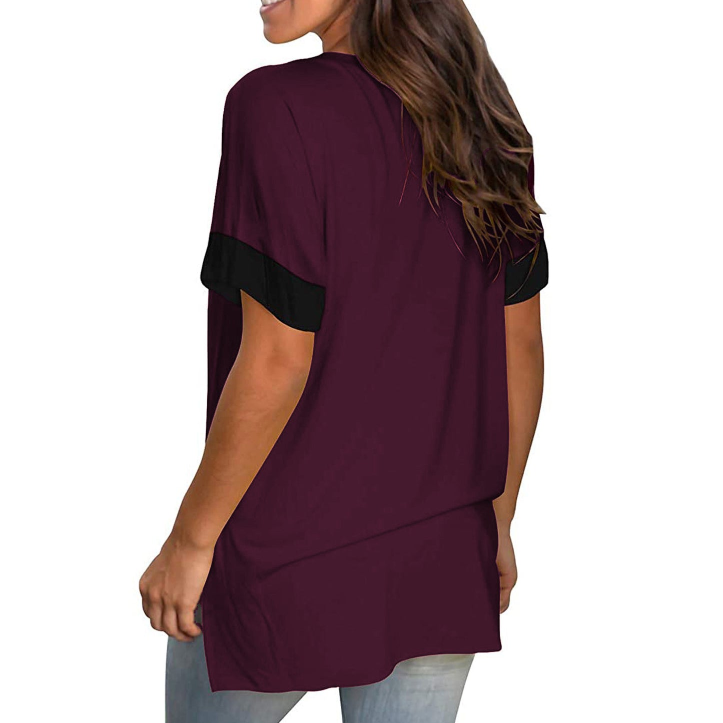 2024 Europe and the United States spring and summer cross-border new women's base shirt solid color V-neck short-sleeve stitchin