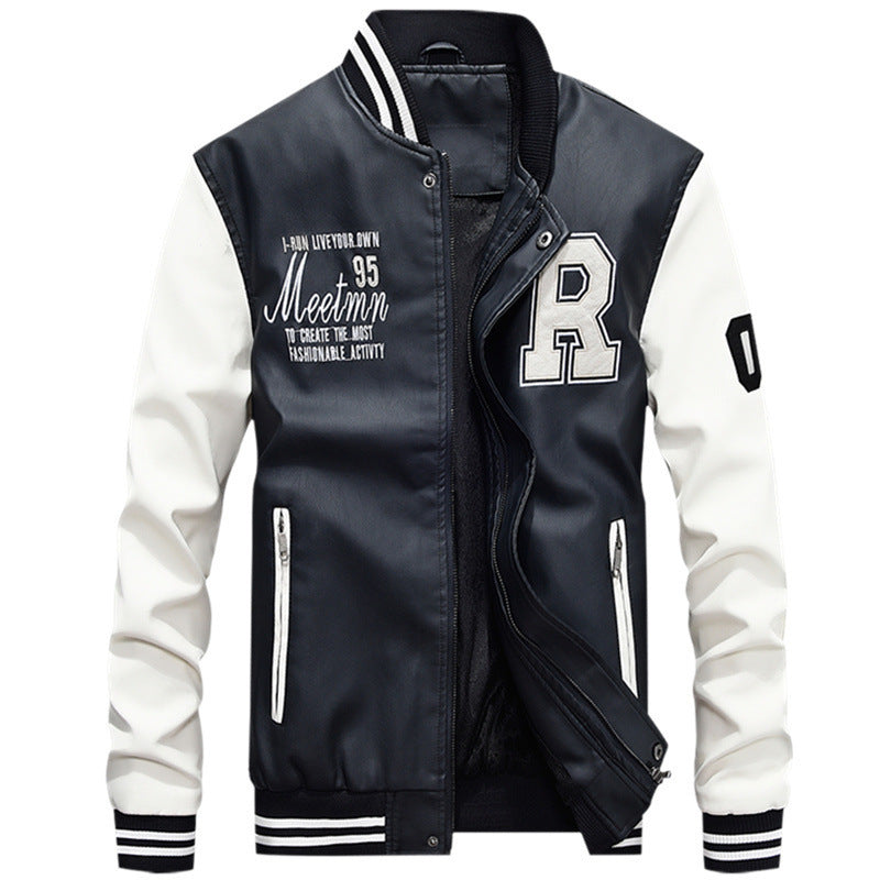 Herrjacka PU-Läder Fleece Baseball Bomber Lös Passform Motorcykel för Herr 2026