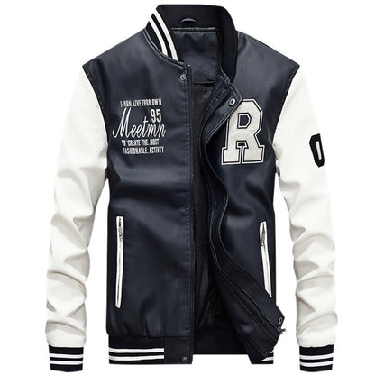 Herrjacka PU-Läder Fleece Baseball Bomber Lös Passform Motorcykel för Herr 2026