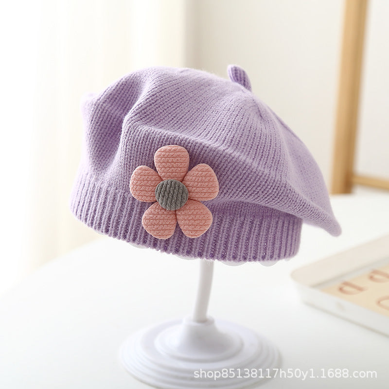 Babyberet med Blomdekor – Lammull Stickad Prinsessstil 17 Färger Unisex 3–48 Mån Höst Vinter 2026