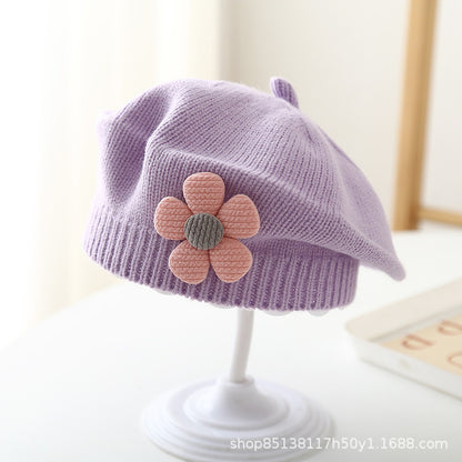 Babyberet med Blomdekor – Lammull Stickad Prinsessstil 17 Färger Unisex 3–48 Mån Höst Vinter 2026
