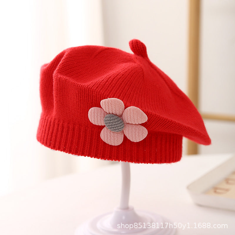 Babyberet med Blomdekor – Lammull Stickad Prinsessstil 17 Färger Unisex 3–48 Mån Höst Vinter 2026