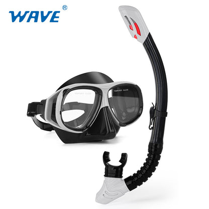 Wave Snorkelset med Styrkelinser – Härdat Glas Torr Andningstub Silikon Anti-Dimma 0–600° Dykglasogön