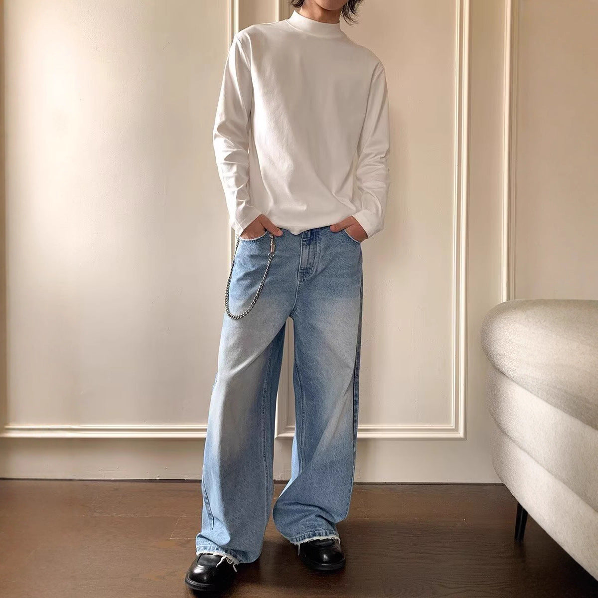Herrjeans Loose Straight Wide Leg Streetwear Ljusblå för Herr 2026