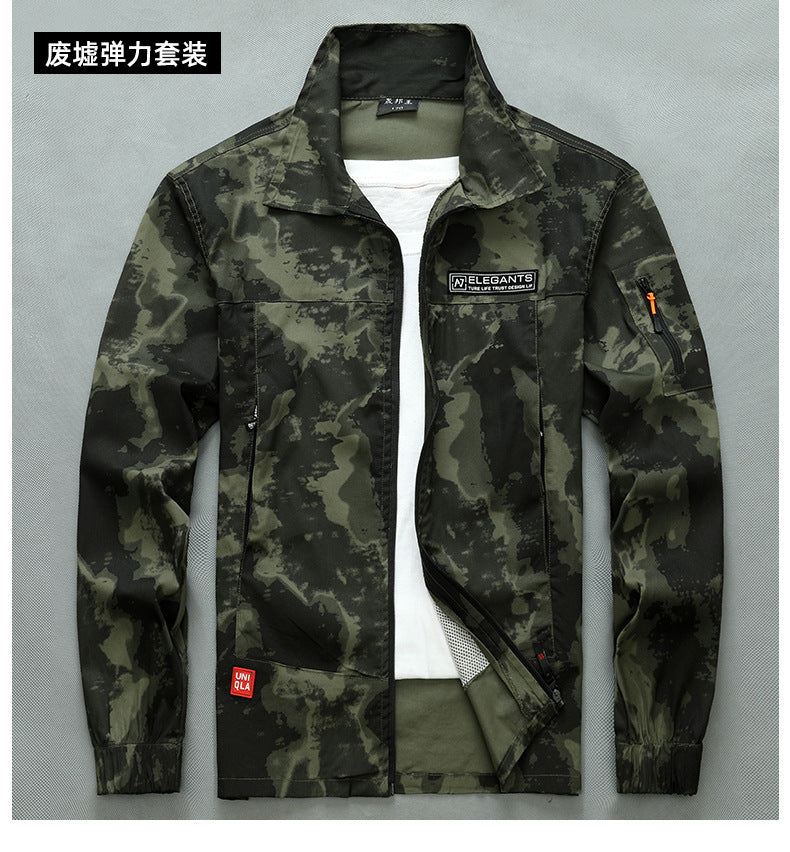Summer Thin Labor Protection Work Clothes Set Anti-scald Pure Cotton Stretch Construction Site Electric Welding Auto Repair Camouflage Clothes Shirt