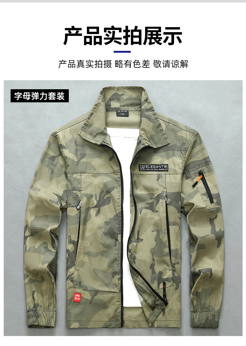 Summer Thin Labor Protection Work Clothes Set Anti-scald Pure Cotton Stretch Construction Site Electric Welding Auto Repair Camouflage Clothes Shirt
