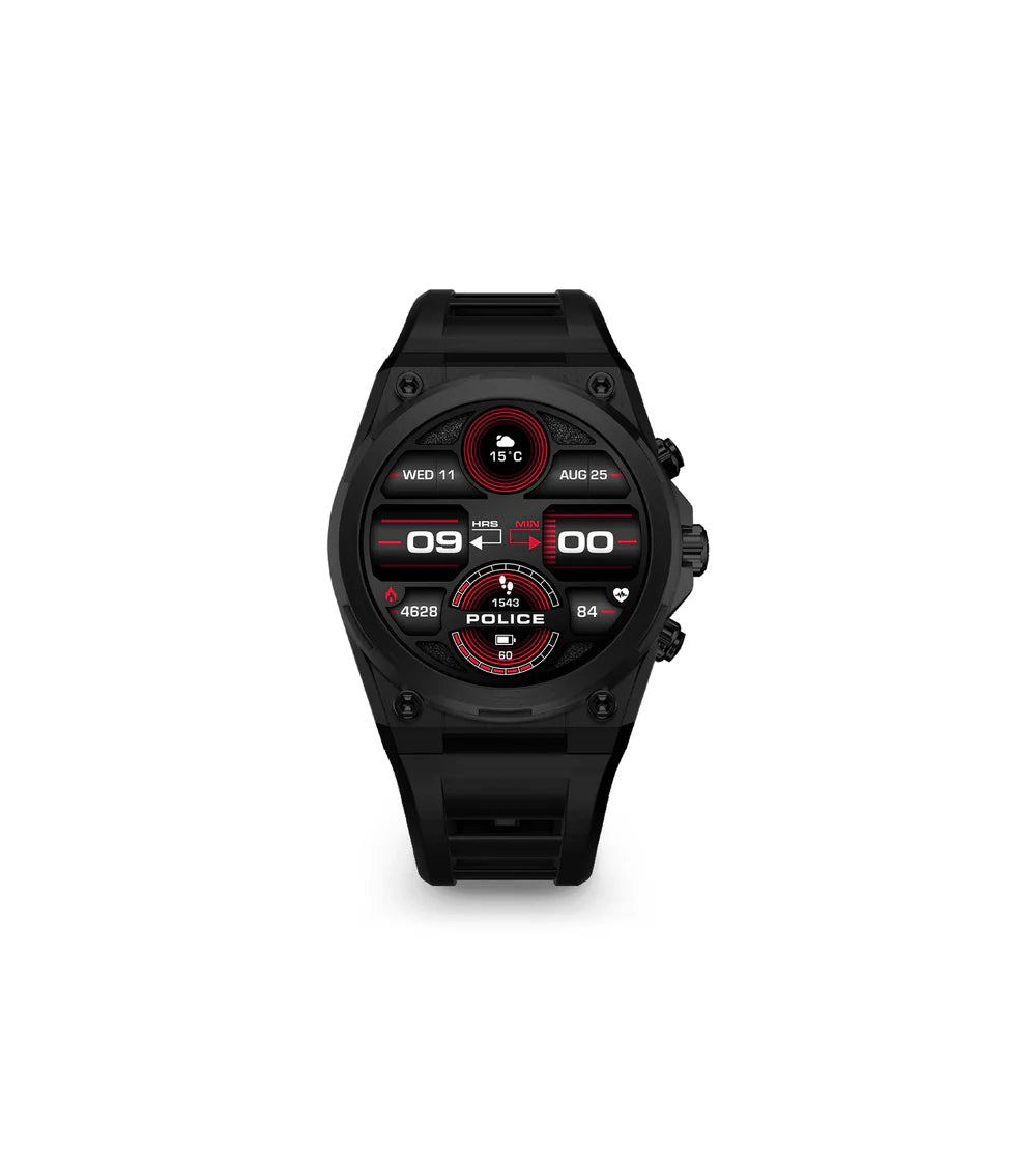 Police My.Avatar.2 Smartwatch – Herr, 48mm, Stål, Svart/Röd Silikonarmband