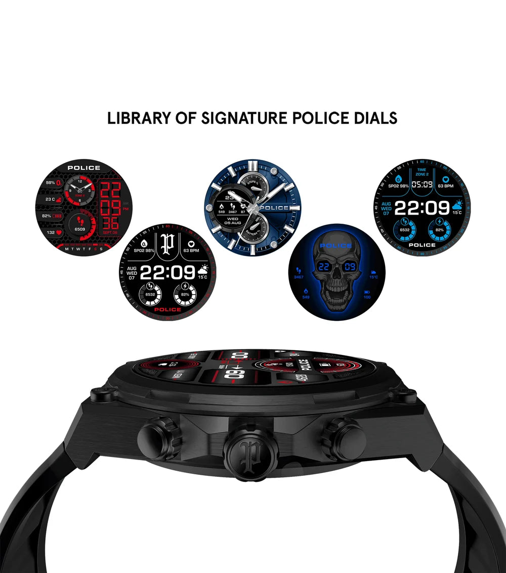 Police My.Avatar.2 Smartwatch – Herr, 48mm, Stål, Svart/Röd Silikonarmband