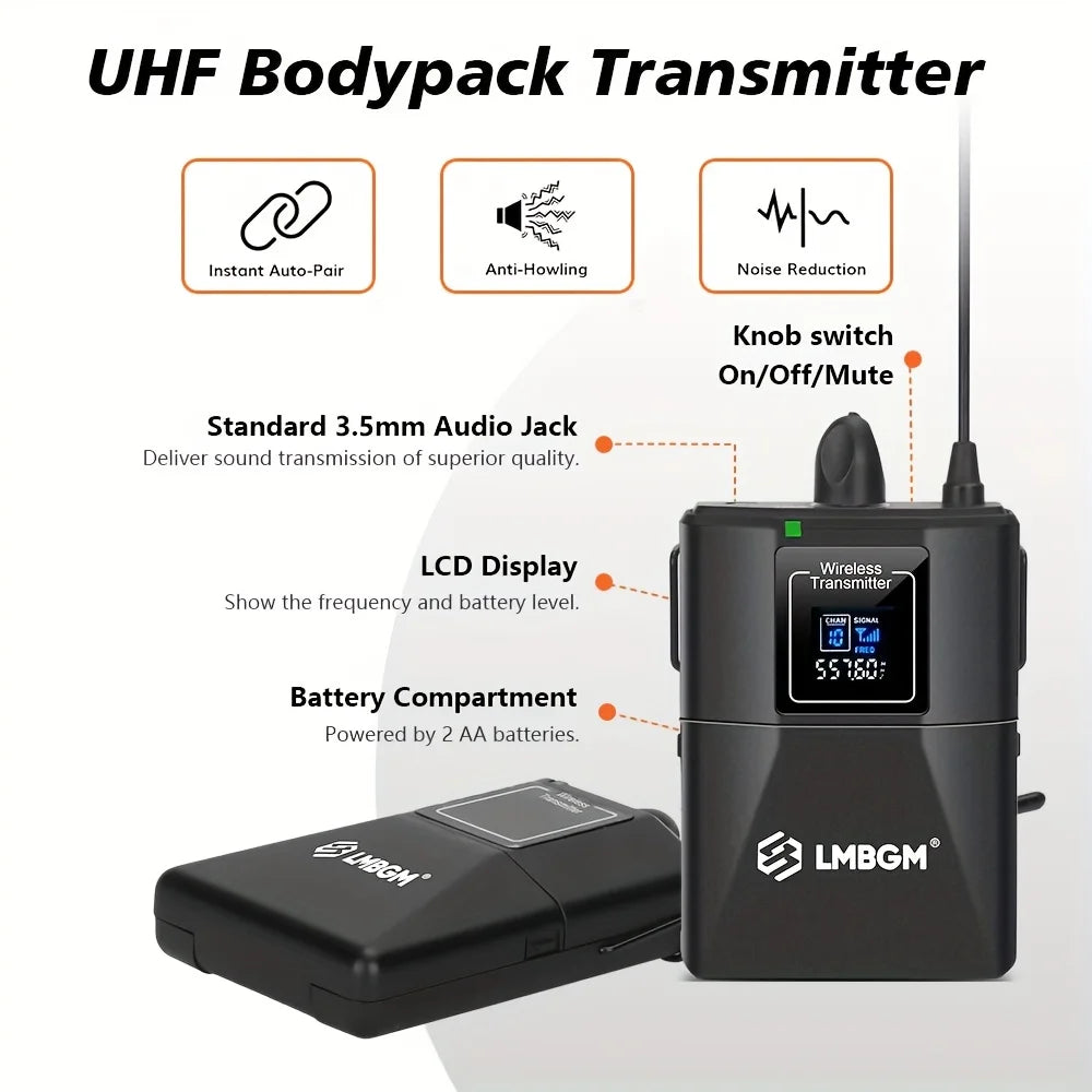 LMBGM-D44 Wireless Microphone System 4 Channel Lavalier/Headset Mic UHF Fixed Dual Band Wireless Set for Church Wedding Party