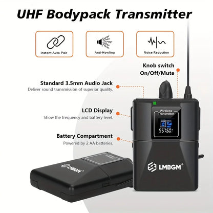 LMBGM-D44 Wireless Microphone System 4 Channel Lavalier/Headset Mic UHF Fixed Dual Band Wireless Set for Church Wedding Party