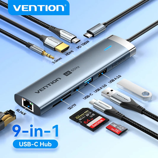 Vention USB-C Hub 4K@60Hz – 5-i-1 till 9-i-1 HDMI Gigabit RJ45 PD 100W SD TF USB 3.0 Audio CE/FCC/RoHS MacBook iPad PC