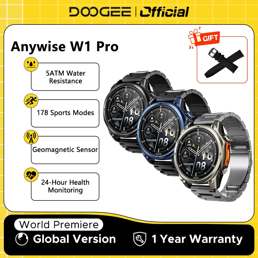 DOOGEE Anywise W1 Pro Smartklocka – 1,43" AMOLED, Offline-kartor, Dual-band GPS, 5ATM+IP68, 18 Dagars Batteri