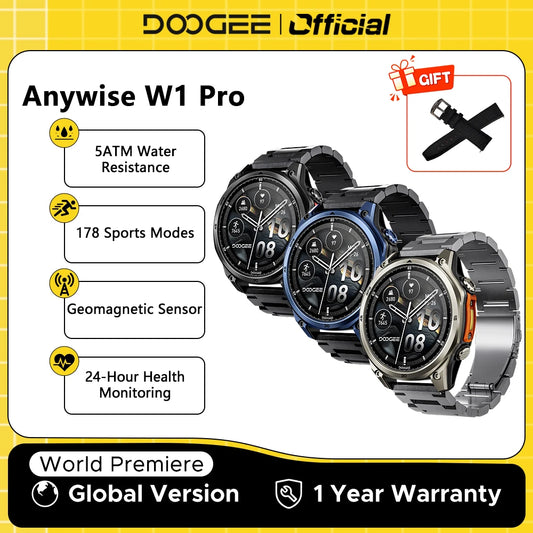 DOOGEE Anywise W1 Pro Smartklocka – 1,43" AMOLED, Offline-kartor, Dual-band GPS, 5ATM+IP68, 18 Dagars Batteri