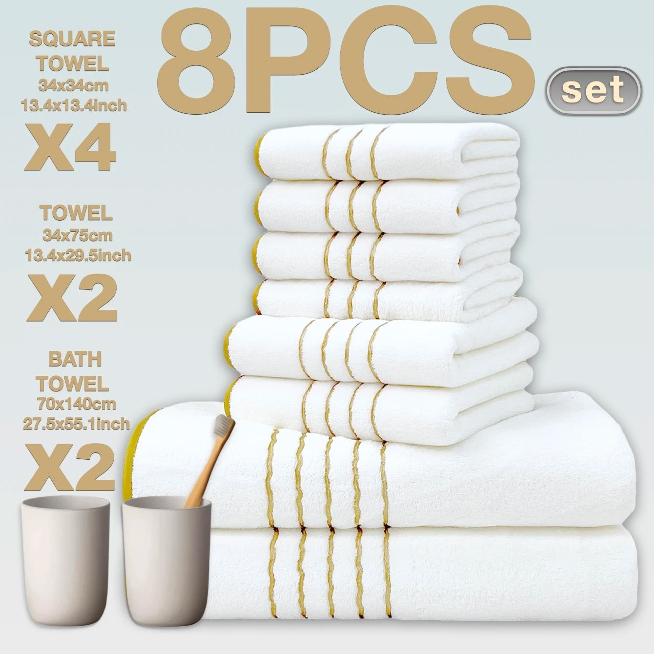 8pcs Luxury Hotel High Quality Coral Fleece Bath Towel Set, Including Soft  Absorbent Quick-Drying Set, Suitable for Bathroom.