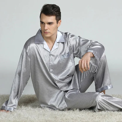 Herr Silk Satin Pyjamas 2-delad – Långärmad Topp & Byxor Tryckt Mönster, Svart/Röd/Marinblå