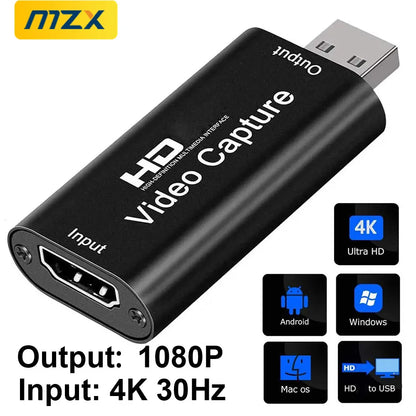 HDMI Capture Card USB 2.0 – 4K/30Hz ingång, 1080p utgång, Kompakt Inspelningskort för PC, PS4 & OBS
