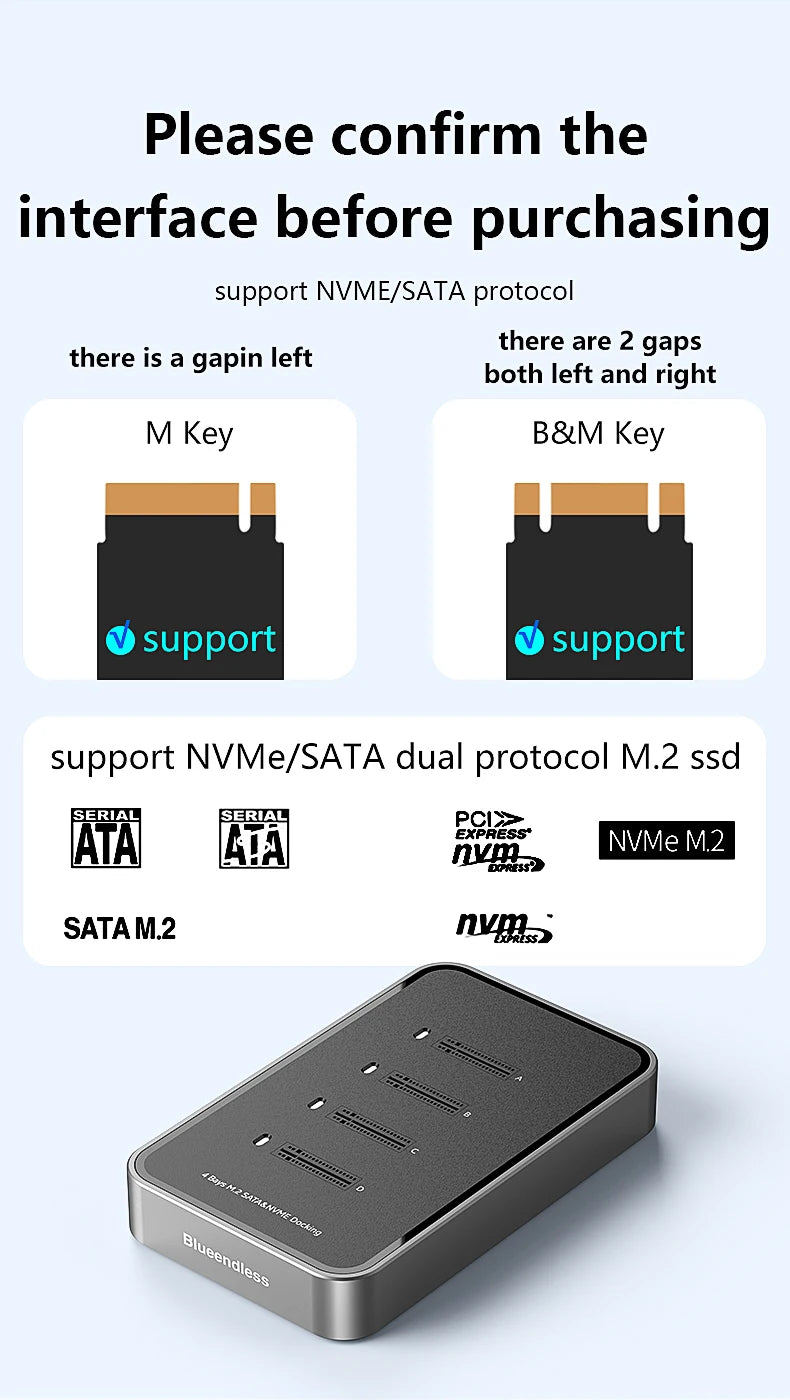 Blueendless 4 Bay M.2 NVMe/SATA SSD Docking Station Type C USB3.1 10Gbps M2 NVMe PCIe SATA NGFF Dual Protocol Aluminum SSD Case