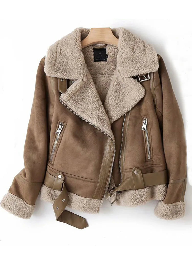 Varm Lammskinnsjacka Dam – Kort Motorcykelstil, Faux Shearling, Mocka, 2 Färger, XS–XL