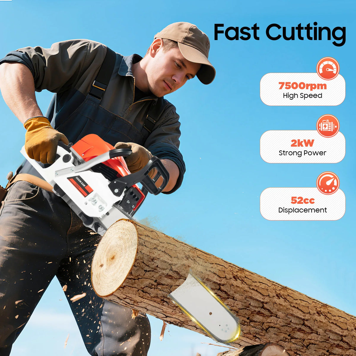 52cc 2.0kW 2-Stroke Gasoline Chainsaw, 20in/51cm Guide Bar for Wood Cutting Petrol Chain Saw, with Tool Bag Mixing Bottle & Bar Cover Model 5200 Gas Saw