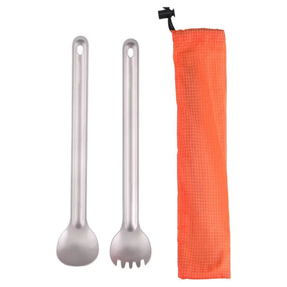 Tiartisan Titaniumsked & Spork – Ultralättviktig 15g, Långt Handtag, Frostad/Polerad, Camping