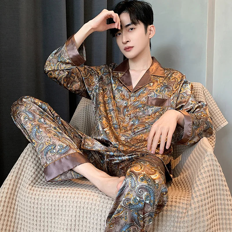 Herr Silk Satin Pyjamas 2-delad – Långärmad Topp & Byxor Tryckt Mönster, Svart/Röd/Marinblå