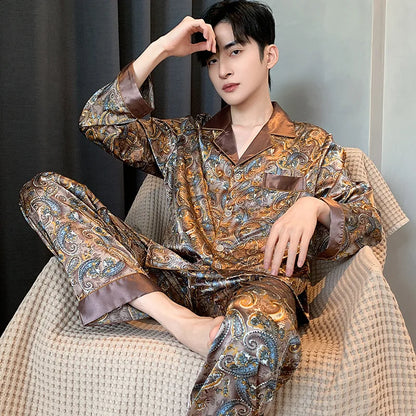 Herr Silk Satin Pyjamas 2-delad – Långärmad Topp & Byxor Tryckt Mönster, Svart/Röd/Marinblå