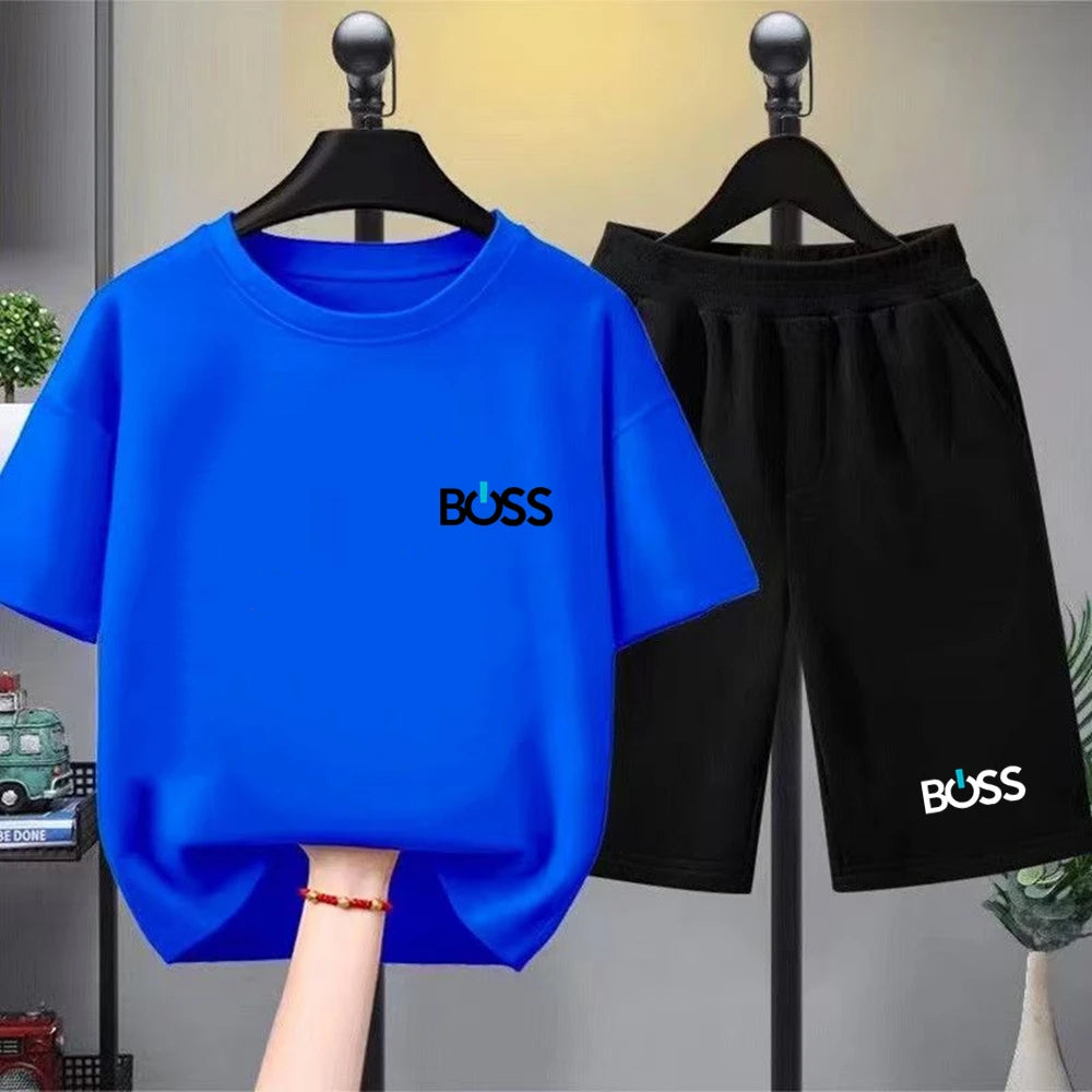 Child T-shirt Summer Short Sleeve Print Children Age 3-12 Girls boy Set white black Tshirt+Shorts 2pcs leisure fashion Kids Set