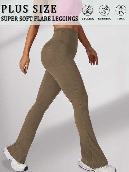Plus Size Women's Super Soft High Waisted Flare Pants, Leggings Tummy Control Soft Bootleg Bell Bottoms Running