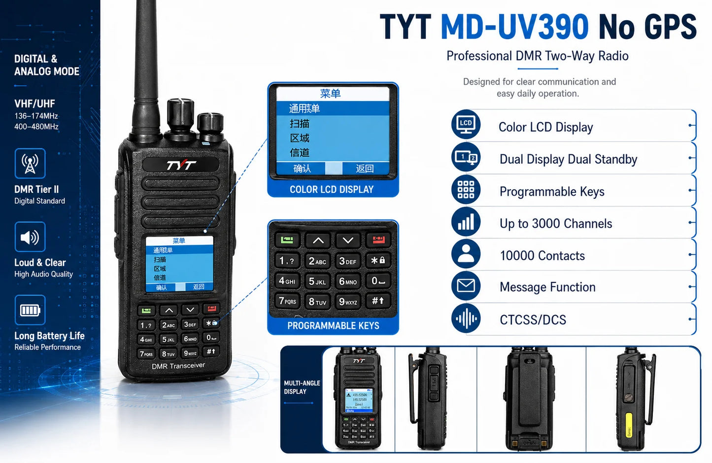 TYT MD-UV390 Dual Band DMR Two Way Radio VHF UHF Digital Analog Handheld Walkie Talkie GPS IP67 3000 Channels