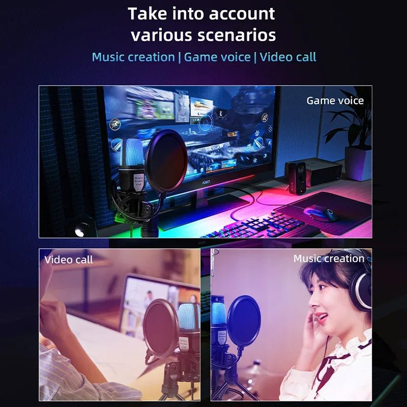 USB Microphone RGB Microfone Condensador noise reduction Wire Game Mic for Podcast Recording Studio Streaming Laptop Desktop PC