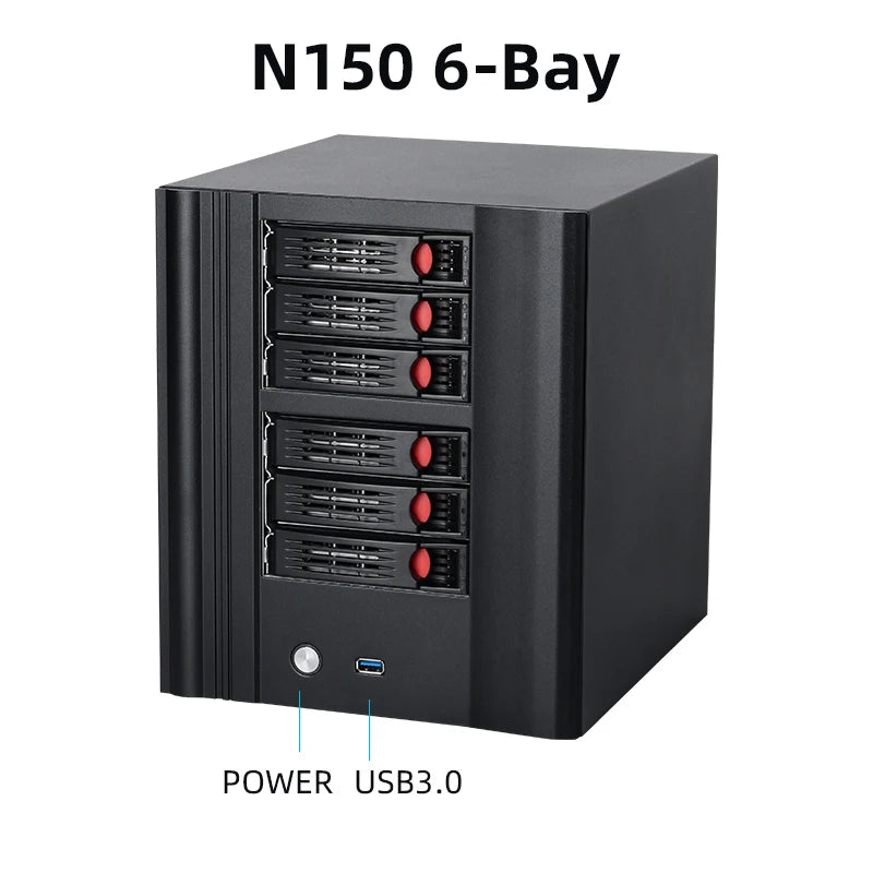 XCY X108 NAS Mini PC 4-fack 2,5"/3,5" SATA – Intel N150 / Celeron N2940, Windows 10/11 Linux NAS, DDR5/DDR3L