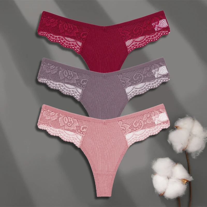 FINETOO 3-pack spetsstring i bomull med låg midja