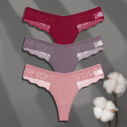 FINETOO 3-pack spetsstring i bomull med låg midja