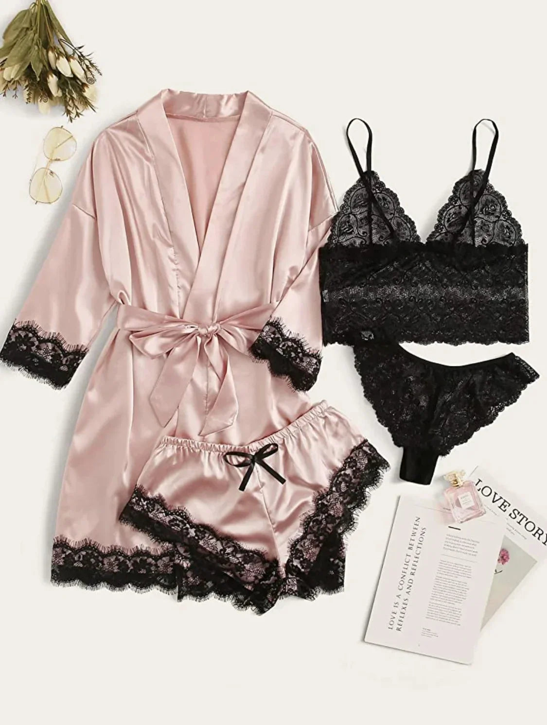 Pyjamasset dam med satinkänsla och spets – sex färger, S–2XL