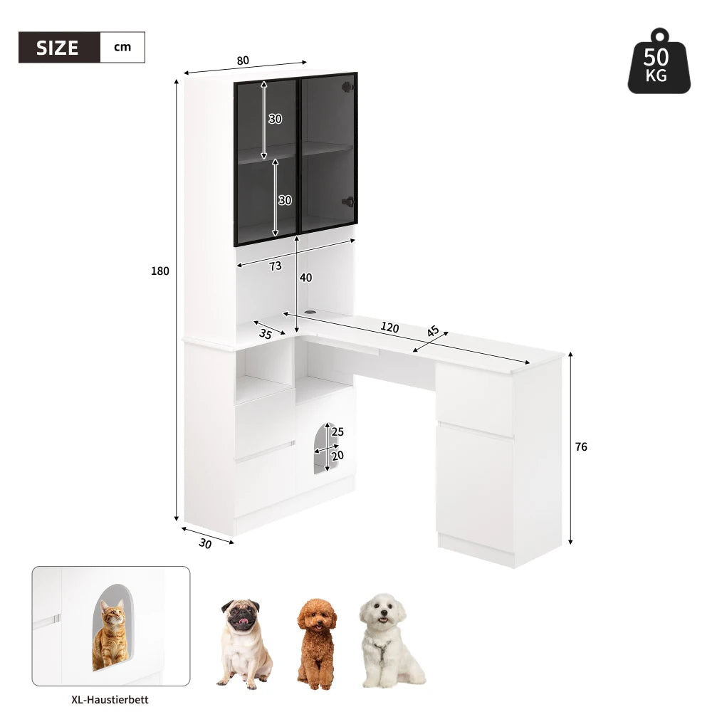 Corner Desk with Shelf and LED Display Cabinet, Desk with Cable Outlet, 3 Drawers, 2 Doors, Open Compartments, Built-in Bookcase